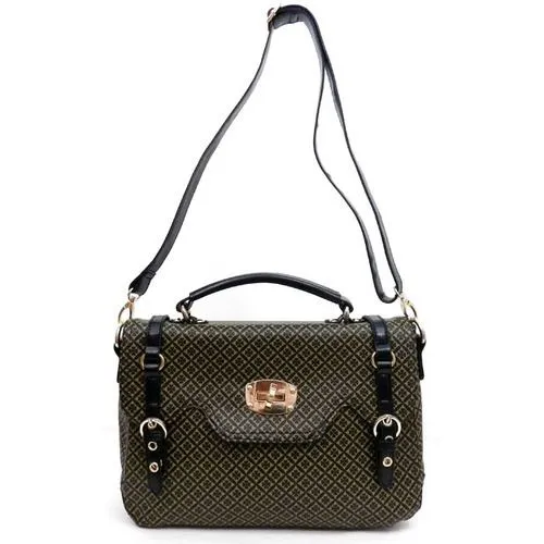 ALBA signature print satchel Bag Purse shoulder Black ivy embossed lock polka FM