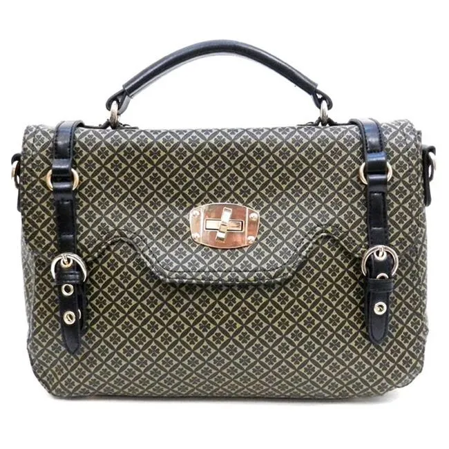 ALBA signature print satchel Bag Purse shoulder Black ivy embossed lock polka FM