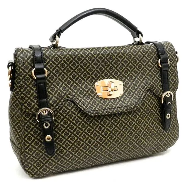 ALBA signature print satchel Bag Purse shoulder Black ivy embossed lock polka FM