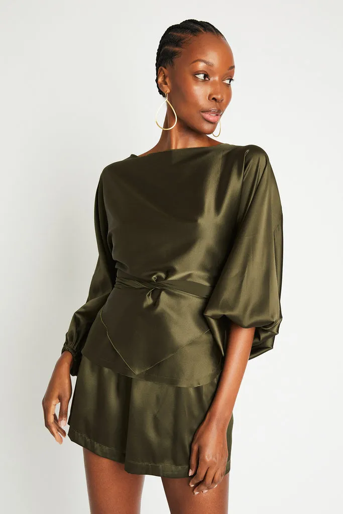 ALI SILK WRAP TOP - OLIVE