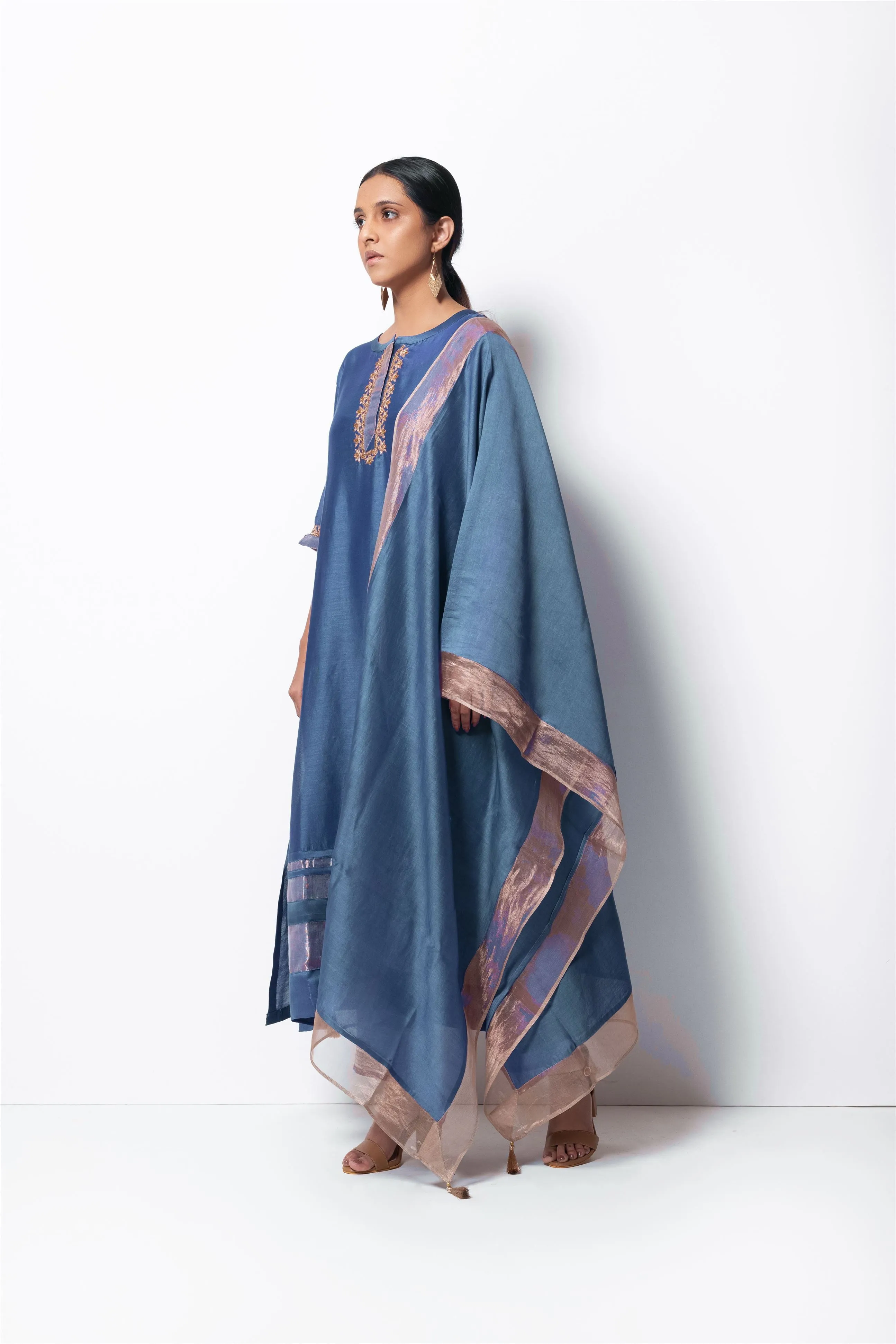Bhavik Shah   I   Kondabolu Kurta Full Set - Kurta, Stole, Pants, With Slip Kurta - Handwoven Chanderi Silk, Stole - Chanderi & Zari, Pants - Cotton Silk BLUE CH-SK-JB-23