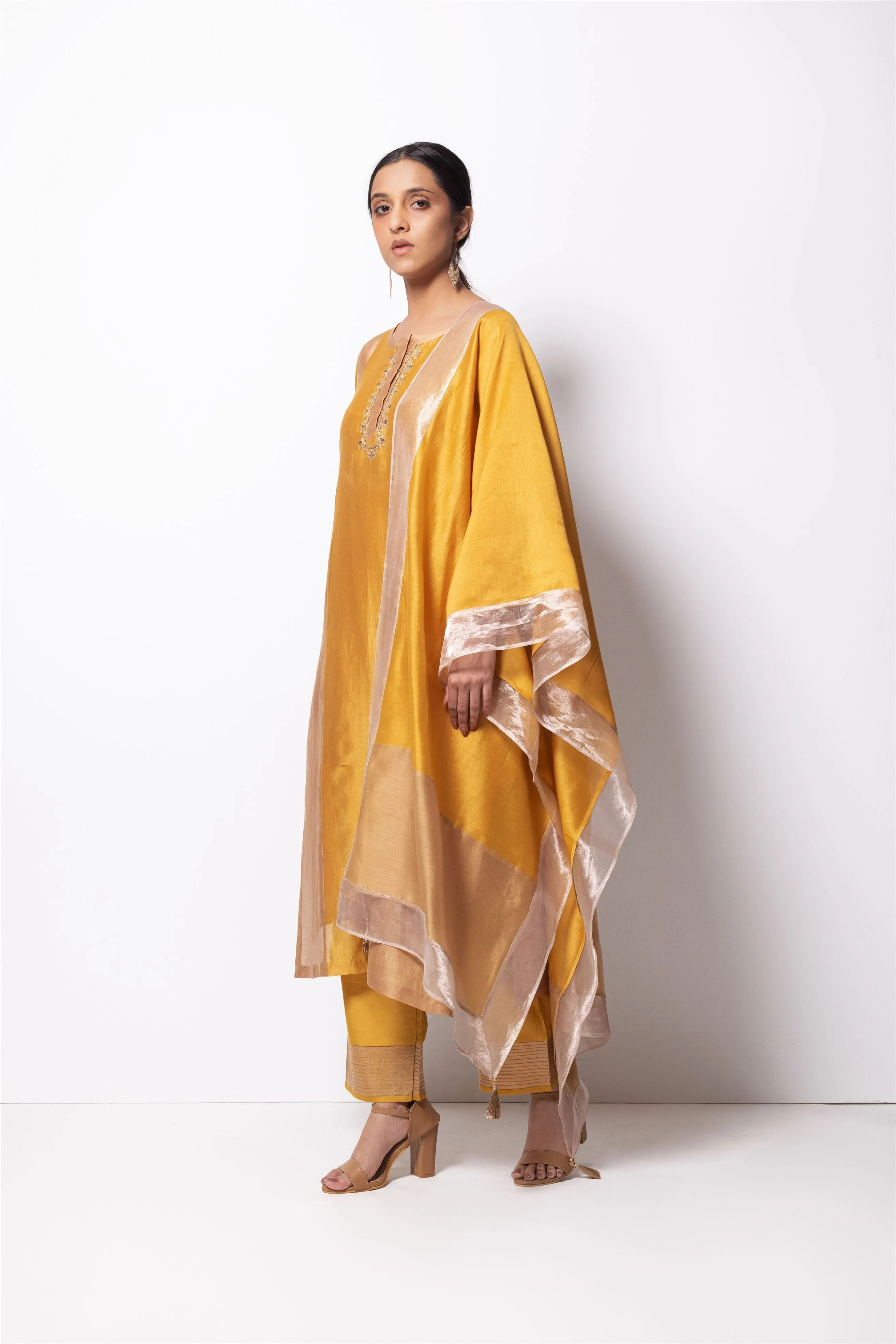 Bhavik Shah   I   Richmond Hill Kurta Full Set - Kurta, Stole, Pants, With Slip Kurta - Handwoven Chanderi Silk, Stole - Chanderi & Zari, Pants - Cotton Silk BEIGE MUSTARD CH-PK-BM-23
