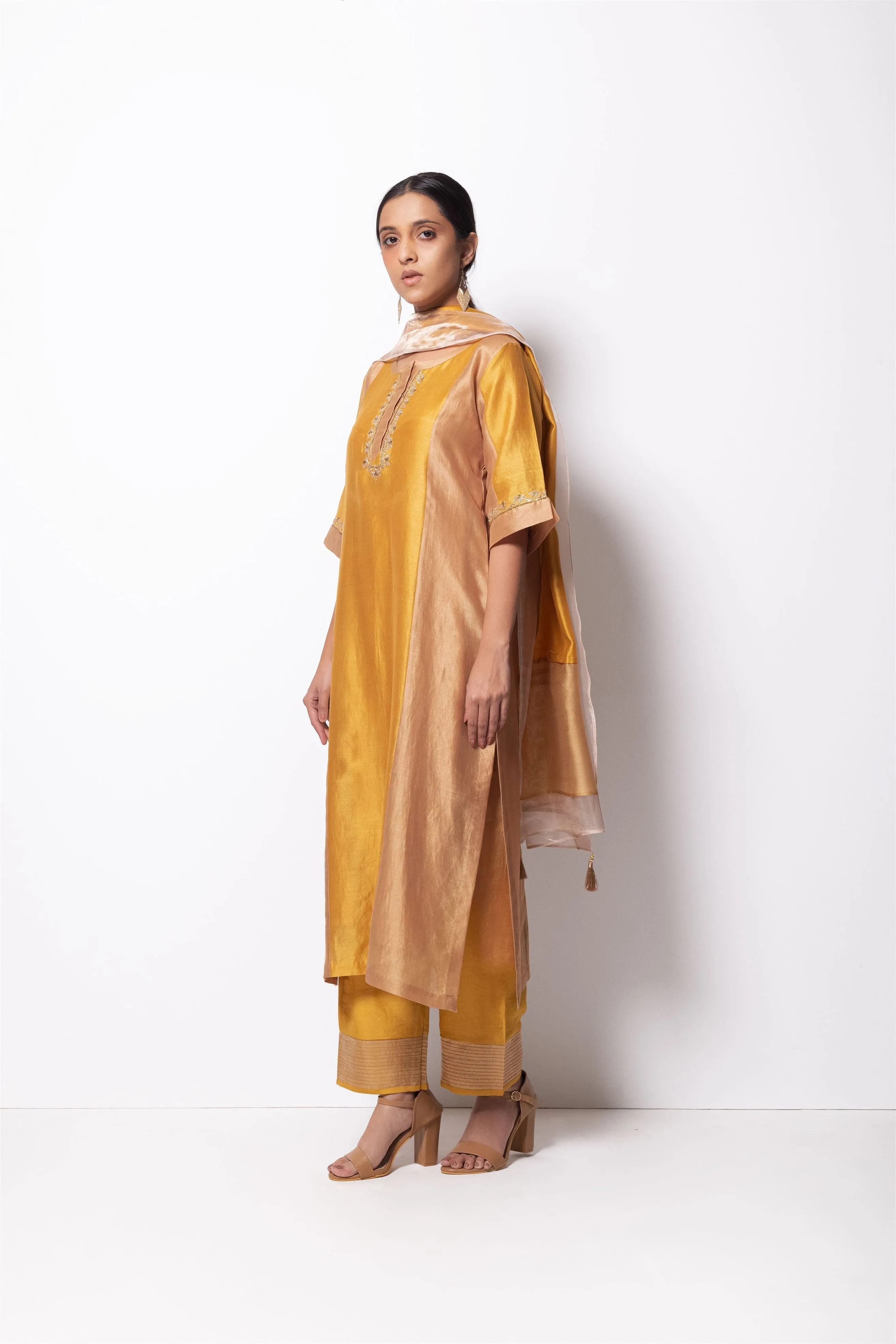 Bhavik Shah   I   Richmond Hill Kurta Full Set - Kurta, Stole, Pants, With Slip Kurta - Handwoven Chanderi Silk, Stole - Chanderi & Zari, Pants - Cotton Silk BEIGE MUSTARD CH-PK-BM-23