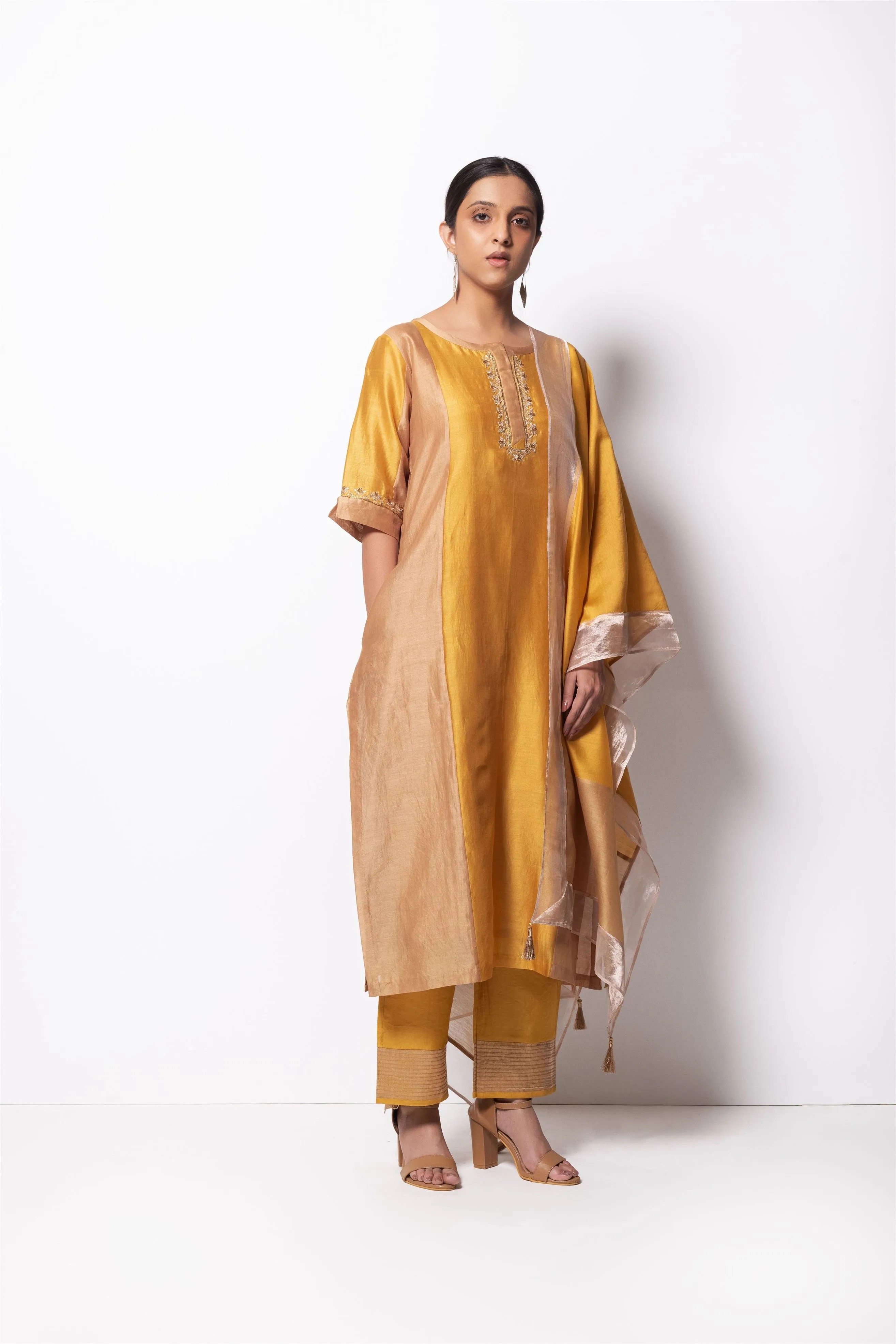 Bhavik Shah   I   Richmond Hill Kurta Full Set - Kurta, Stole, Pants, With Slip Kurta - Handwoven Chanderi Silk, Stole - Chanderi & Zari, Pants - Cotton Silk BEIGE MUSTARD CH-PK-BM-23