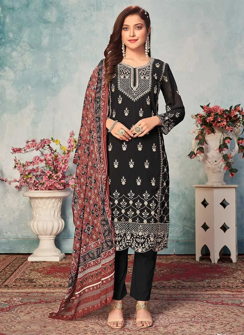 Black and Gold Embroidered Trendy Pant Style Suit