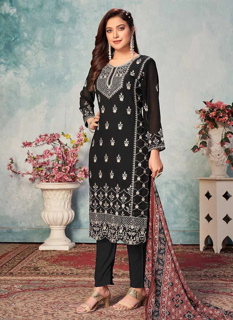 Black and Gold Embroidered Trendy Pant Style Suit