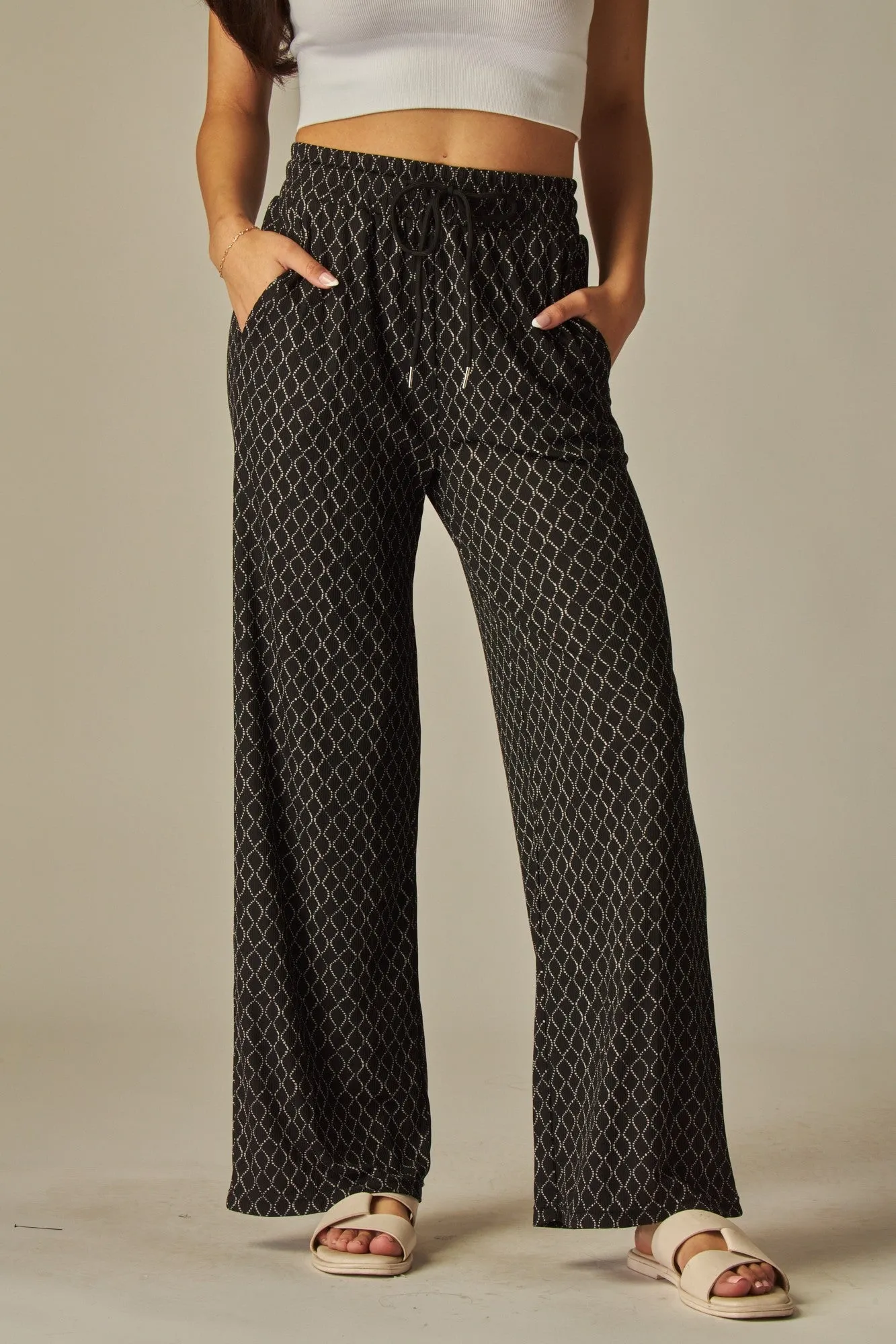 Black Ogee Rib Drawstring Wide Leg Pants 2/14/25 9605