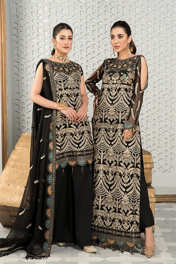 Black Pakistani Dress with Fine Embroidery Work #PF476