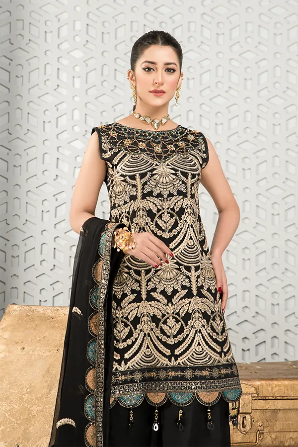 Black Pakistani Dress with Fine Embroidery Work #PF476