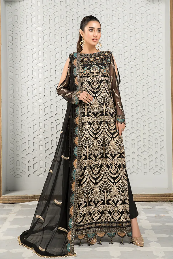 Black Pakistani Dress with Fine Embroidery Work #PF476