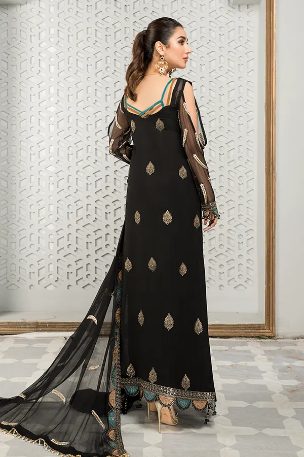 Black Pakistani Dress with Fine Embroidery Work #PF476