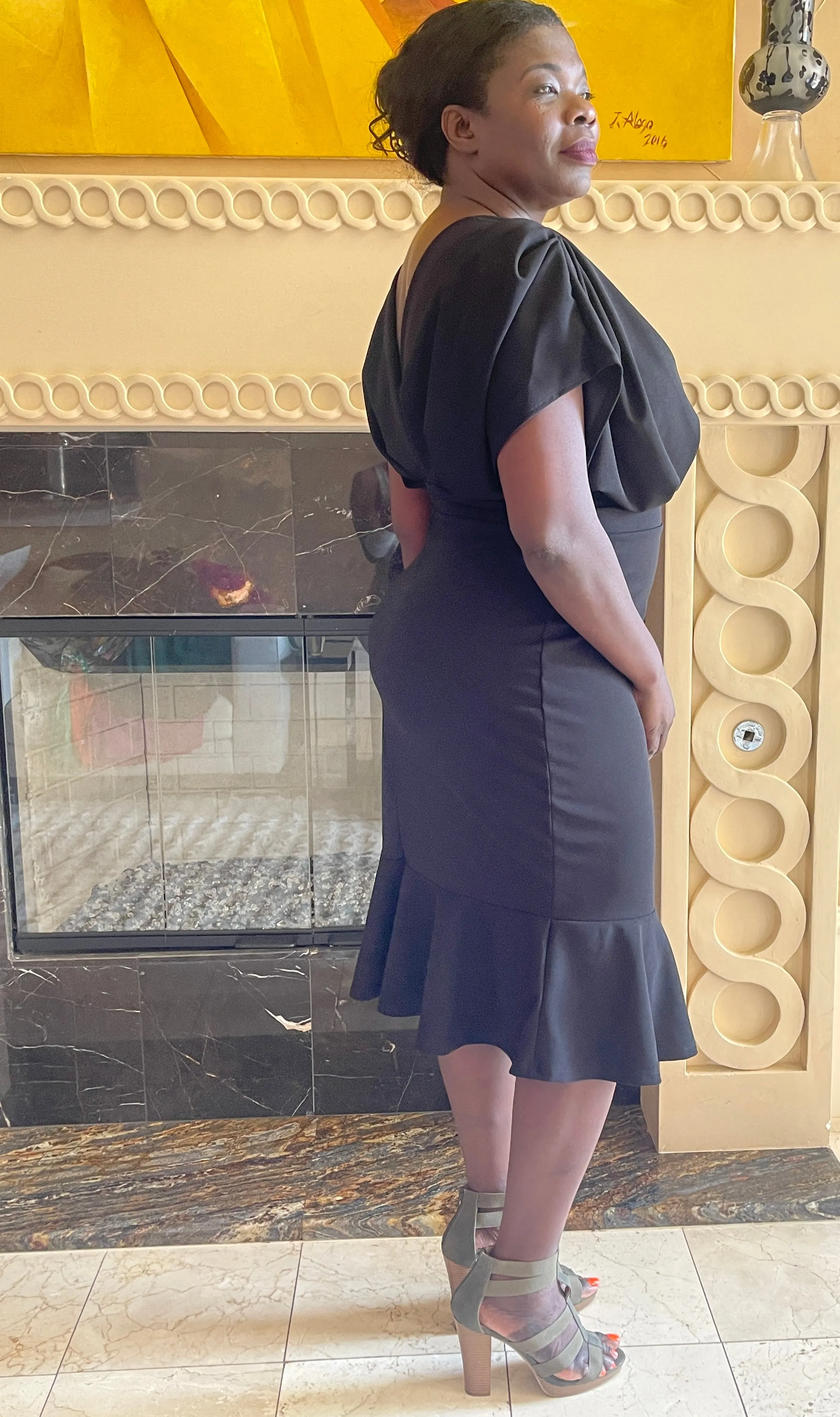 Black Pleated Shoulder Midi Dress