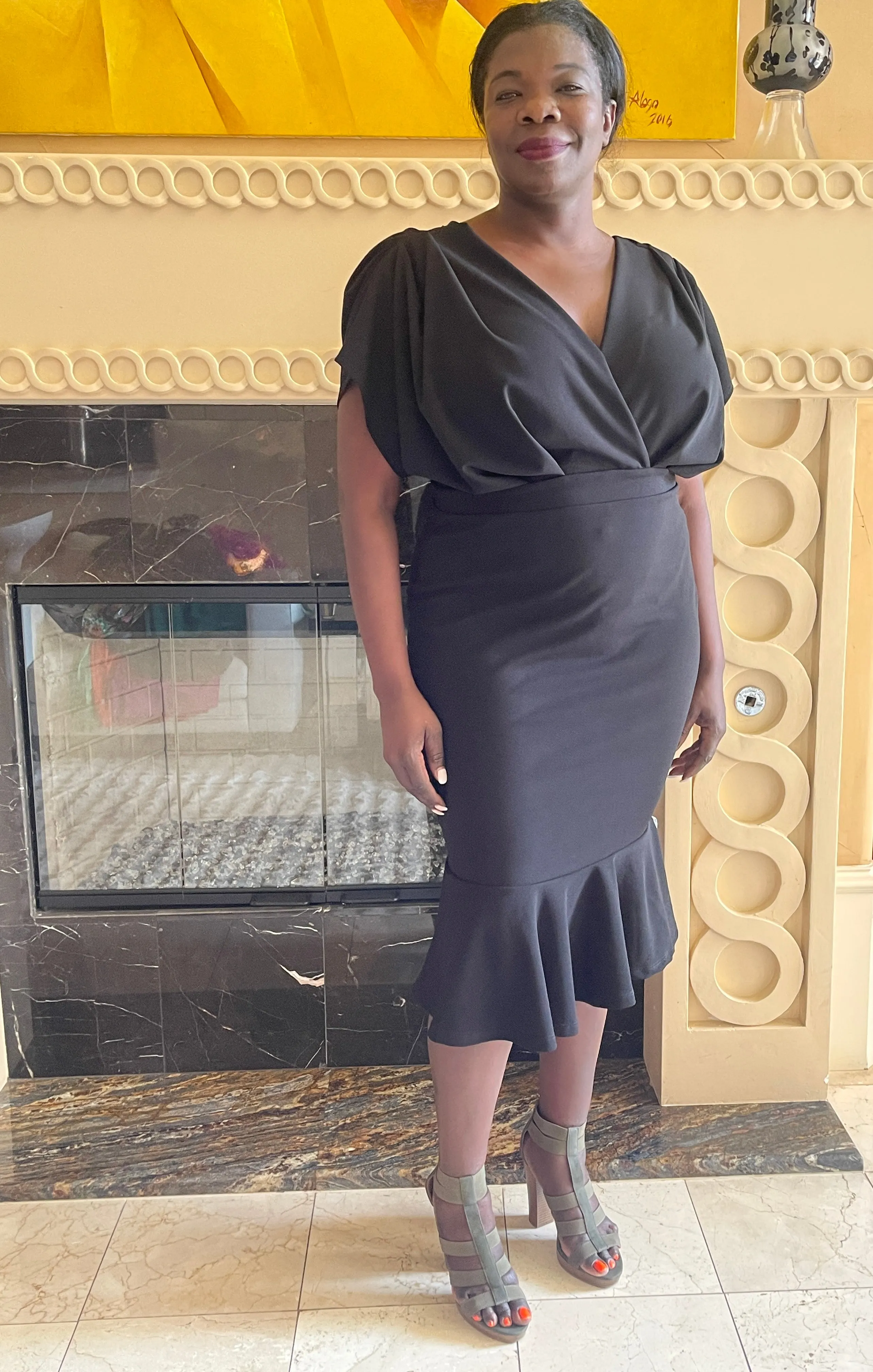 Black Pleated Shoulder Midi Dress