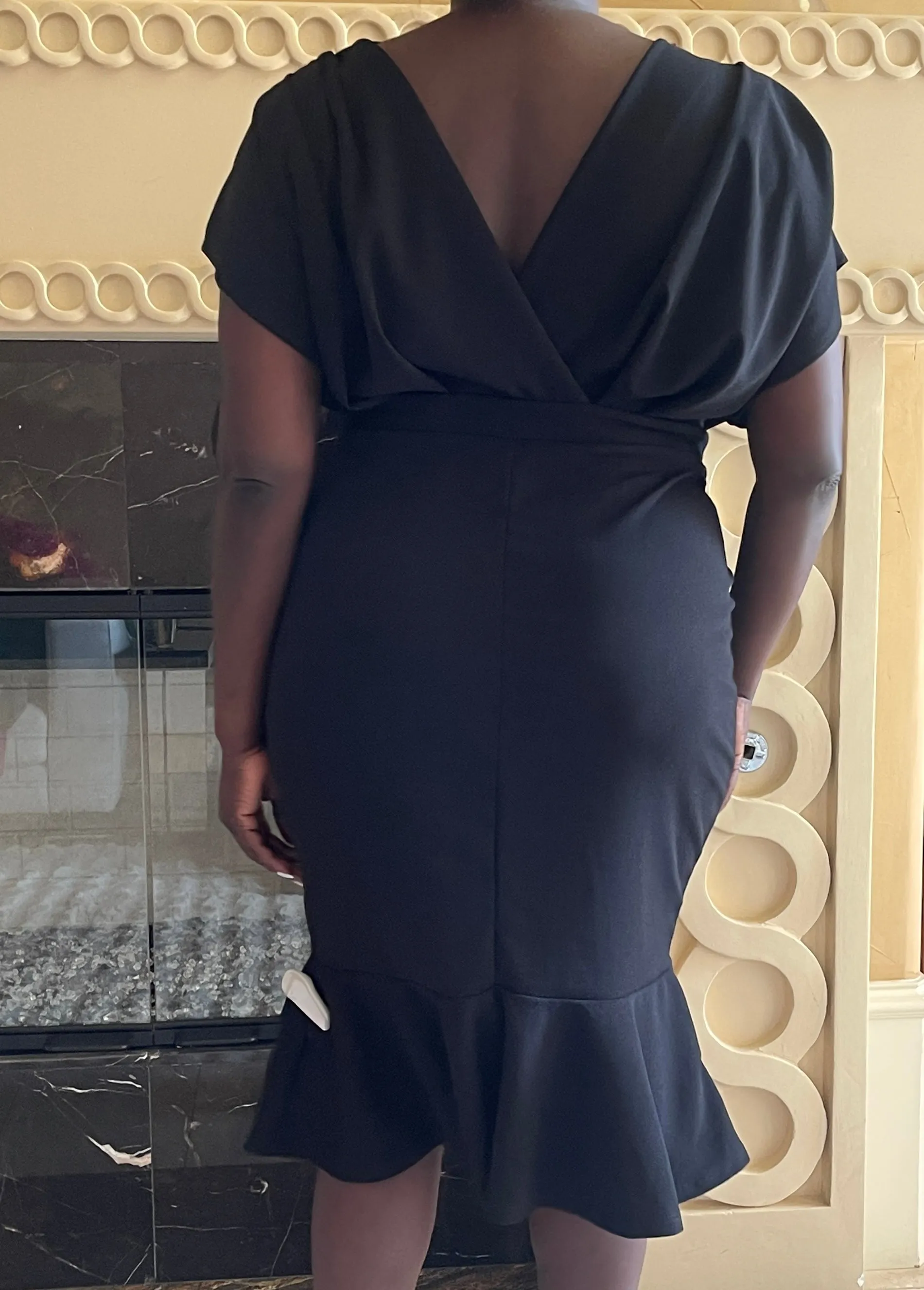 Black Pleated Shoulder Midi Dress