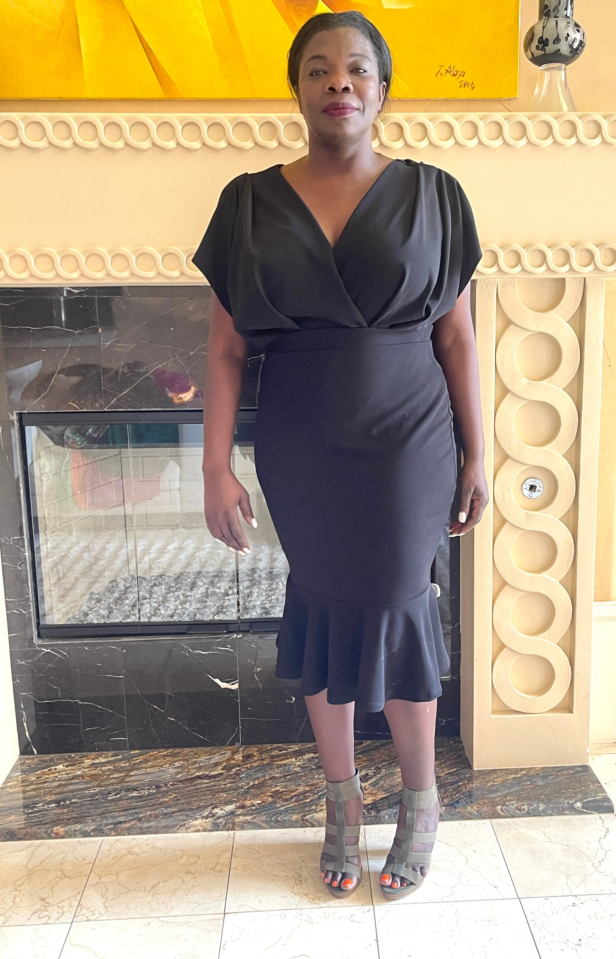 Black Pleated Shoulder Midi Dress