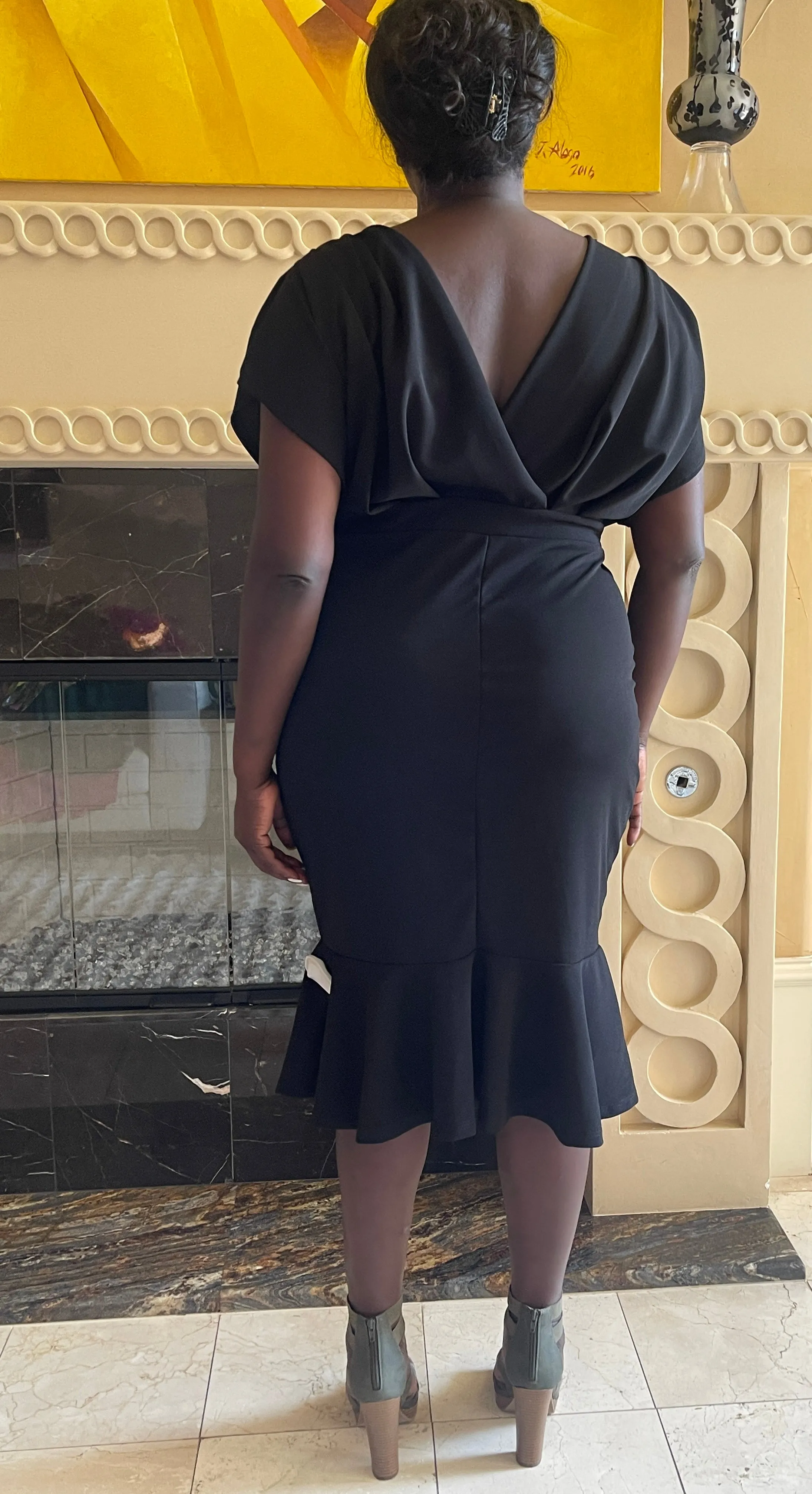 Black Pleated Shoulder Midi Dress