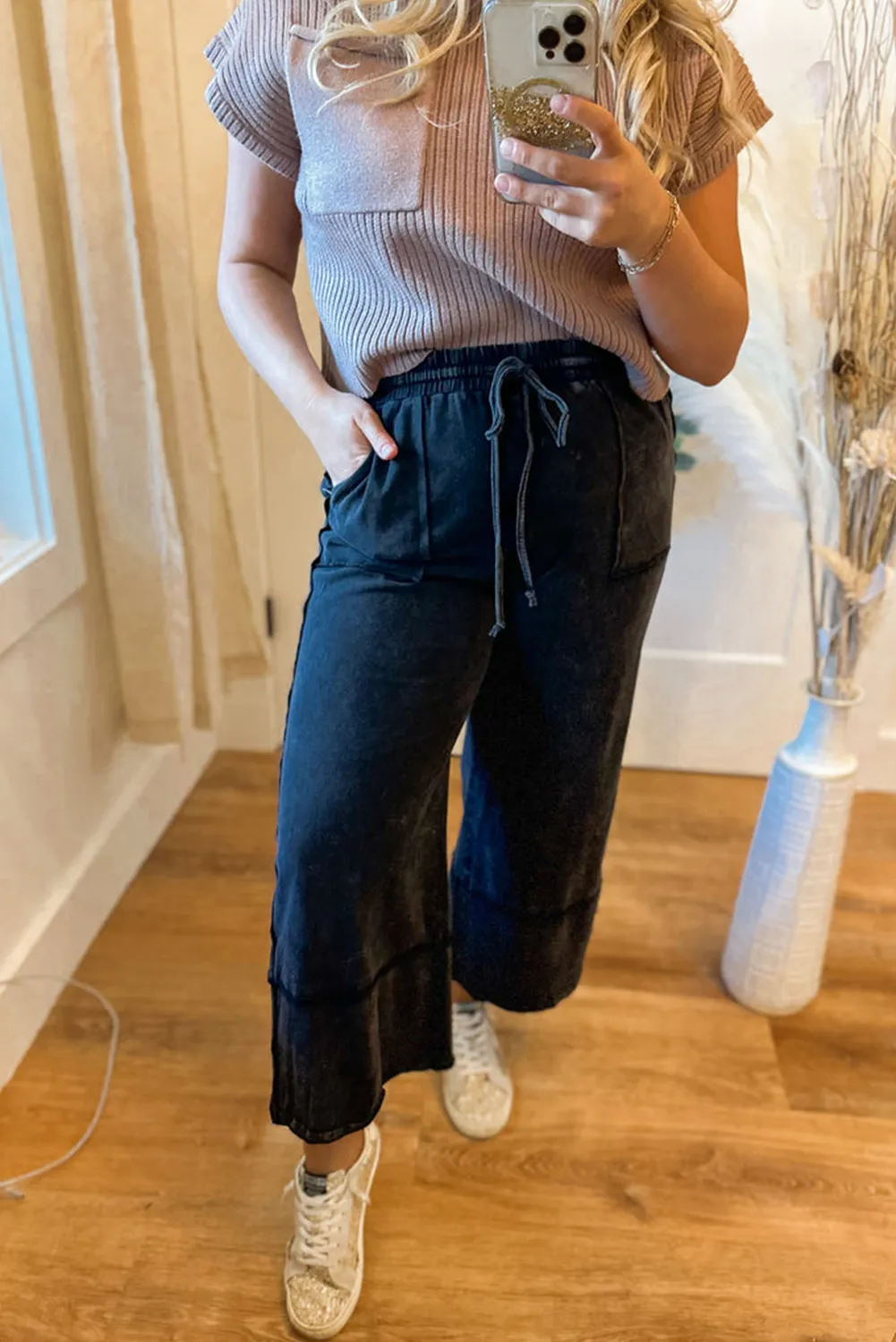 Black Plus Size Patch Pocket Vintage Washed Pants