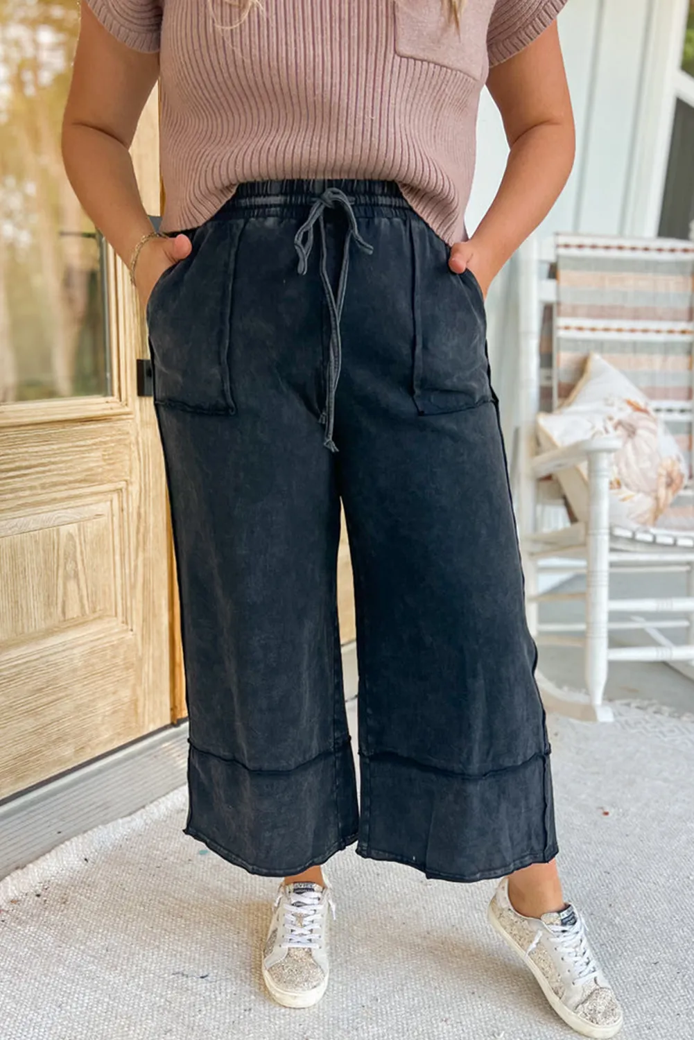 Black Plus Size Patch Pocket Vintage Washed Pants