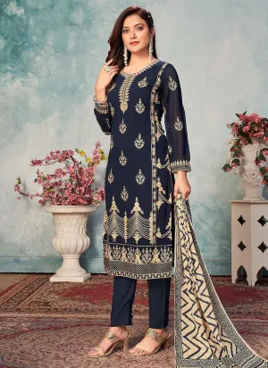 Blue and Gold Embroidered Trendy Pant Style Suit