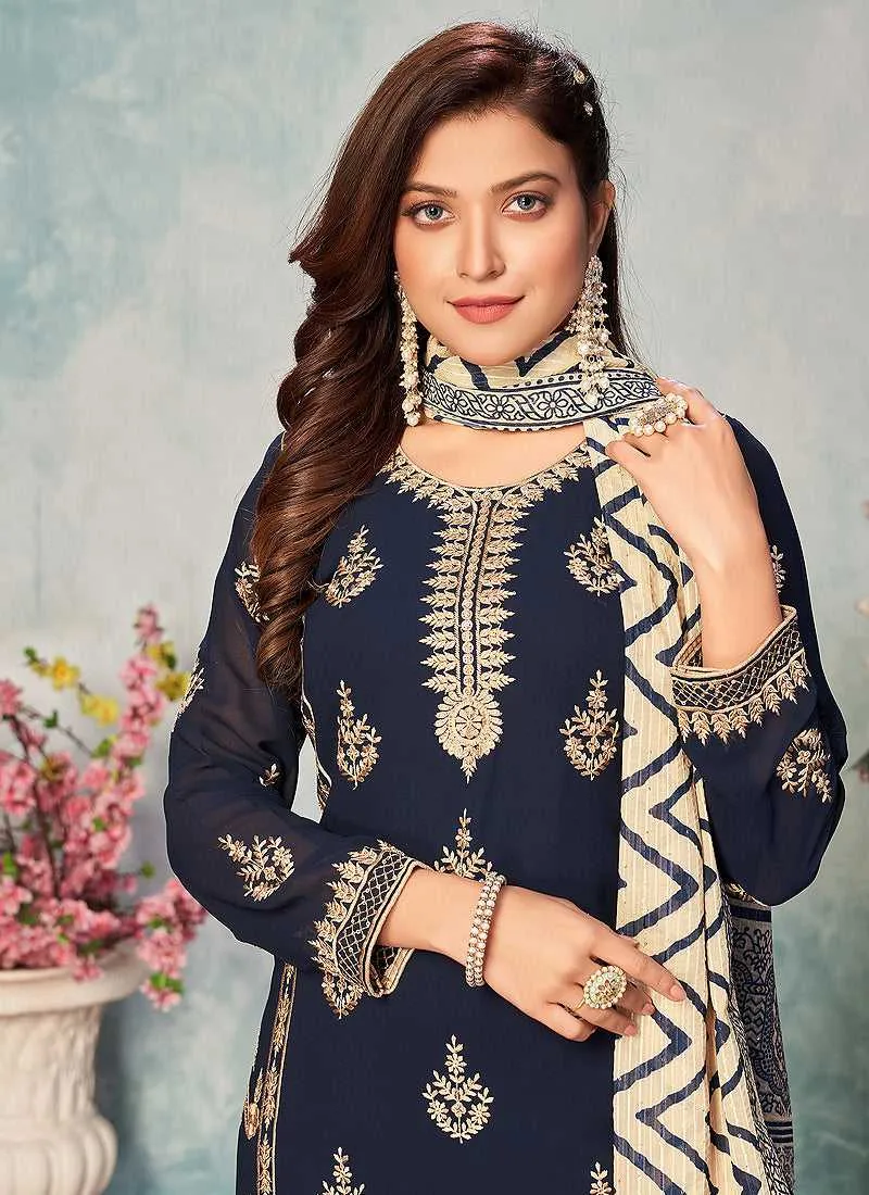 Blue and Gold Embroidered Trendy Pant Style Suit