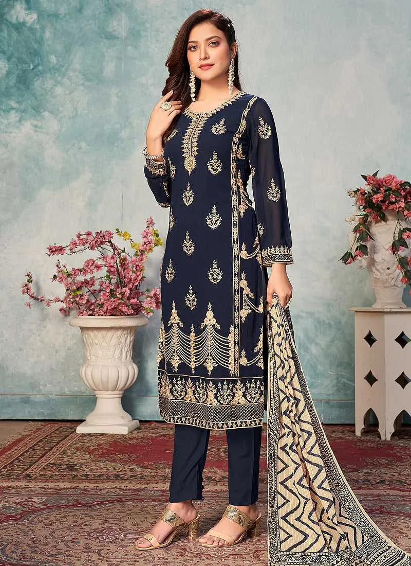 Blue and Gold Embroidered Trendy Pant Style Suit