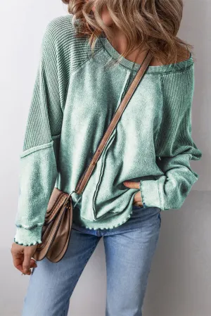 Burnette Waffle Knit Patchwork Exposed Seam Raglan - Green