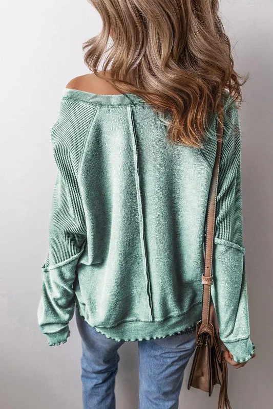 Burnette Waffle Knit Patchwork Exposed Seam Raglan - Green