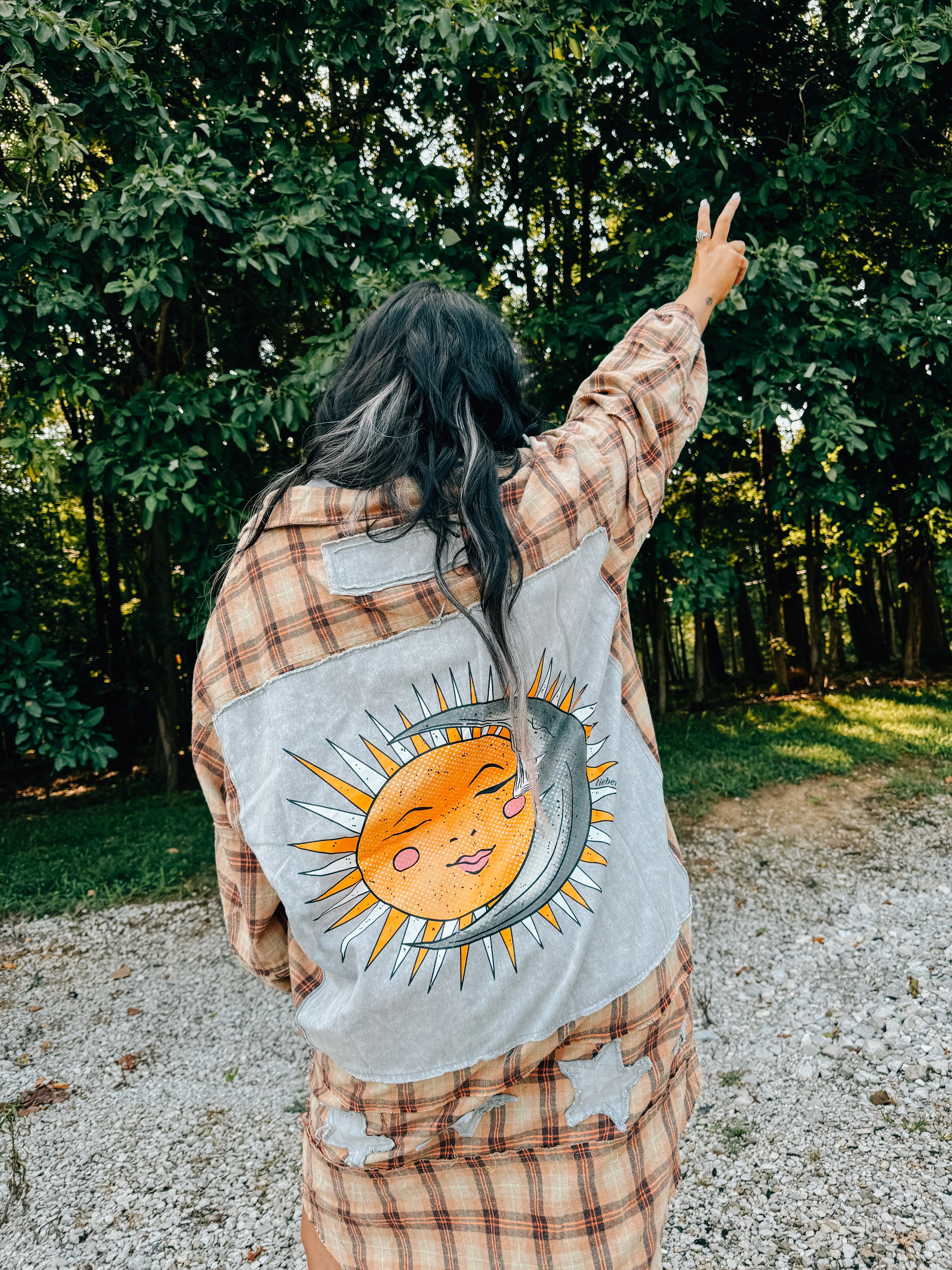 Burnt Orange Sun & Moon Patch Back Long Flannel