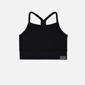 Camisole de sport noir avec bretelles croisées en tissu extensible, enfant || Black sports tank top with thin crossed straps  in stretch fabric, child