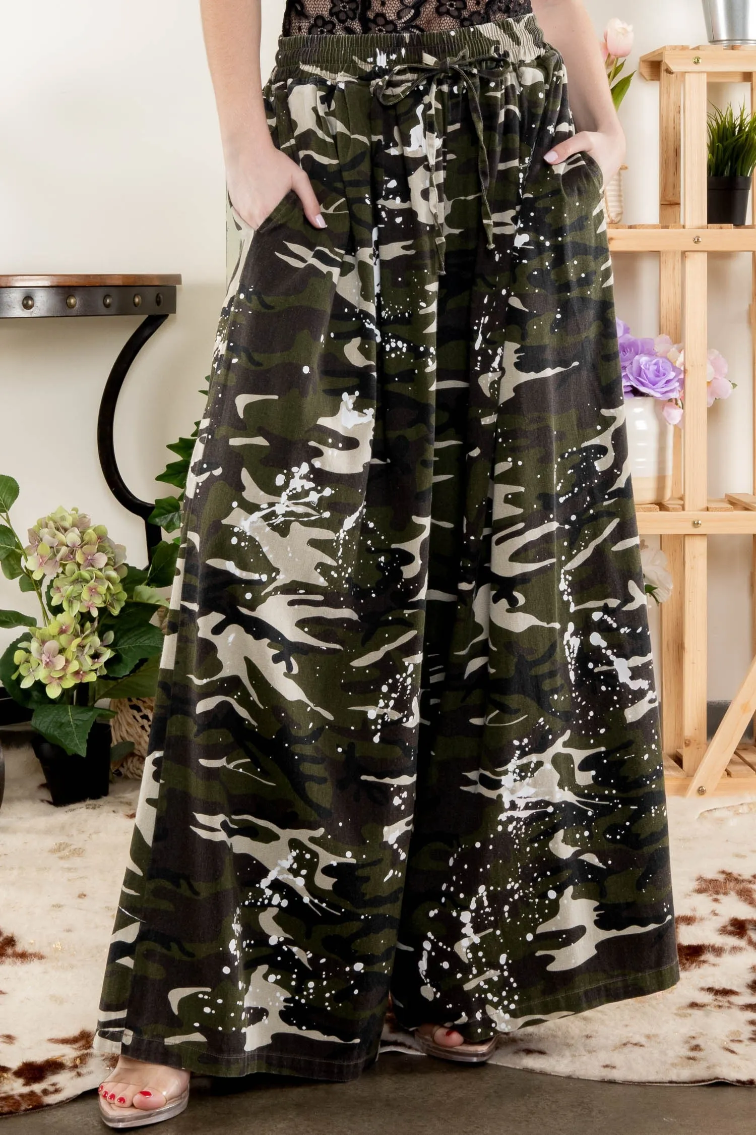 Camo Paint Splatter Wide Leg Bluevelvet Pants 11/22/24 9348