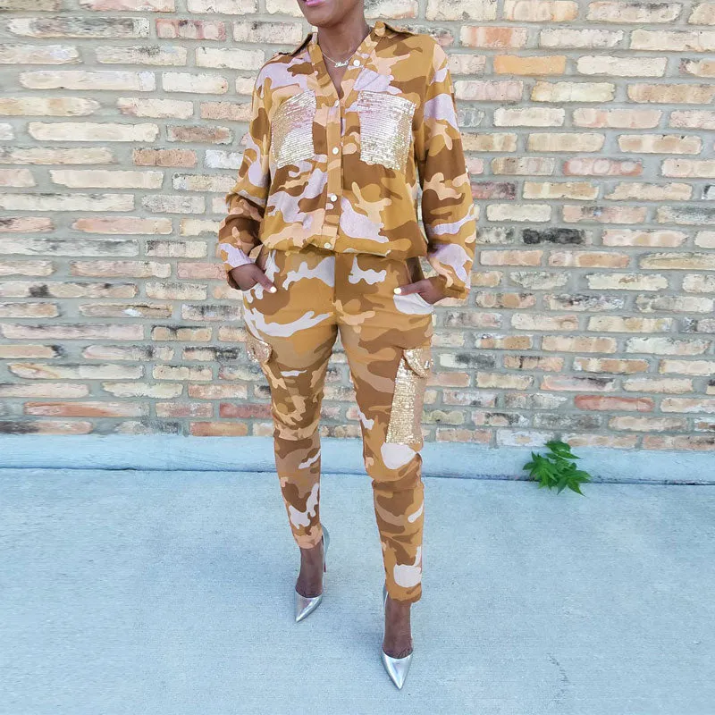 Camouflage Pattern Sequins Pocket Top & Pants Set