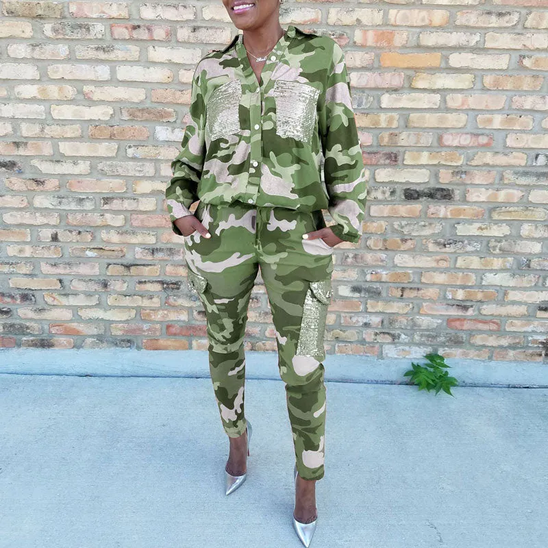 Camouflage Pattern Sequins Pocket Top & Pants Set