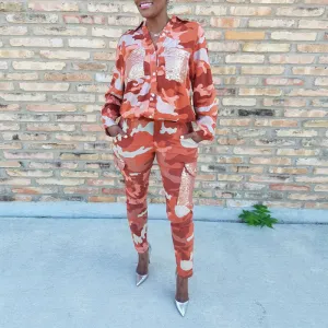 Camouflage Pattern Sequins Pocket Top & Pants Set