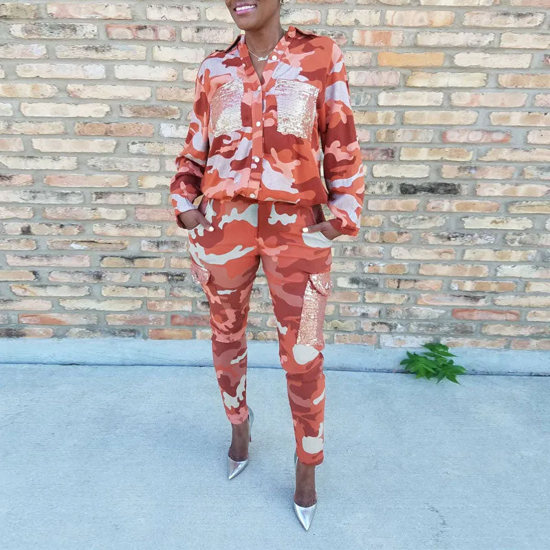 Camouflage Pattern Sequins Pocket Top & Pants Set