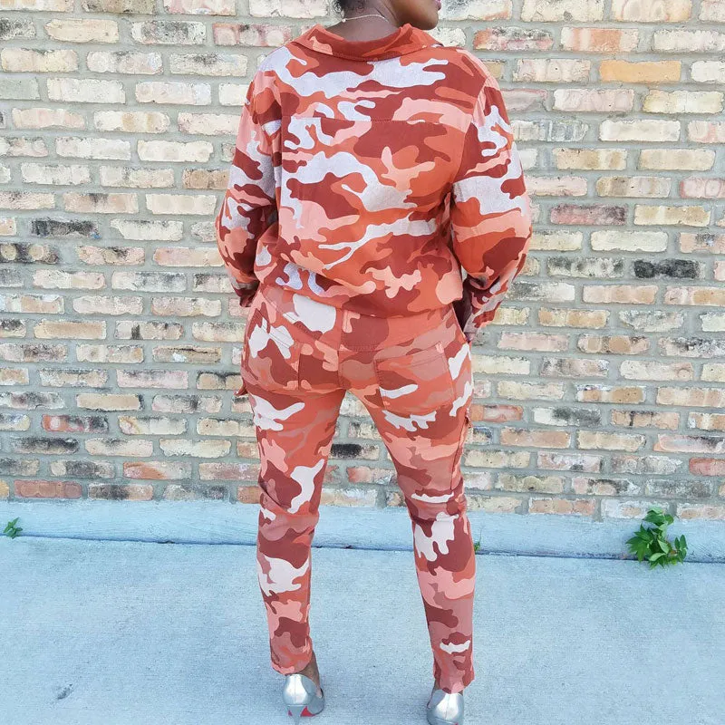 Camouflage Pattern Sequins Pocket Top & Pants Set