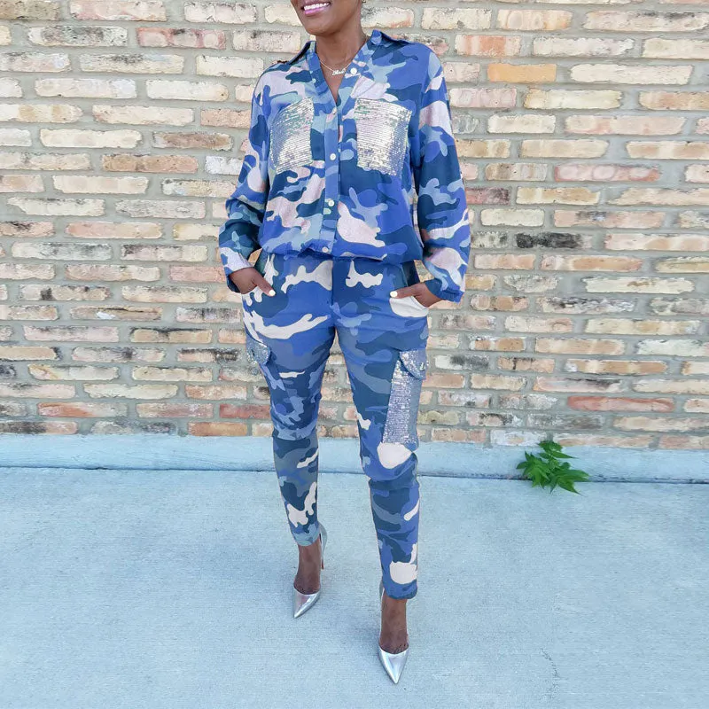 Camouflage Pattern Sequins Pocket Top & Pants Set