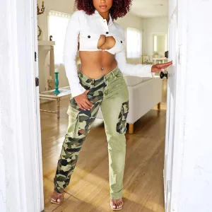Camouflage Print High Waist Pocket Design Denim Pants
