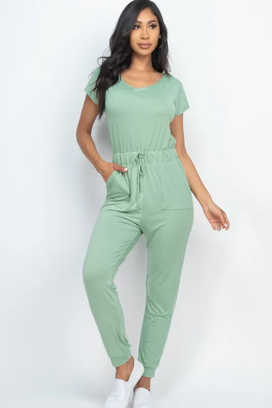 Casual Short Sleeve Jumpsuit with Drawstring Waist