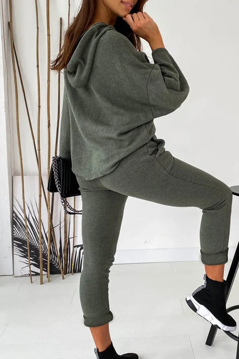 Casual Solid Frenulum Solid Color Hooded Collar Long Sleeve Two Pieces