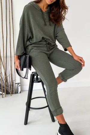 Casual Solid Frenulum Solid Color Hooded Collar Long Sleeve Two Pieces
