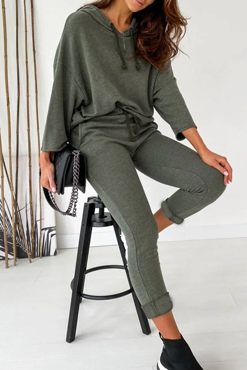 Casual Solid Frenulum Solid Color Hooded Collar Long Sleeve Two Pieces