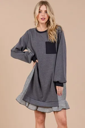 Charcoal Grey Striped Patchwork Round Neck Terry Sweatshirt Dress