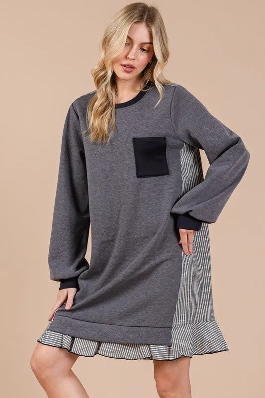 Charcoal Grey Striped Patchwork Round Neck Terry Sweatshirt Dress