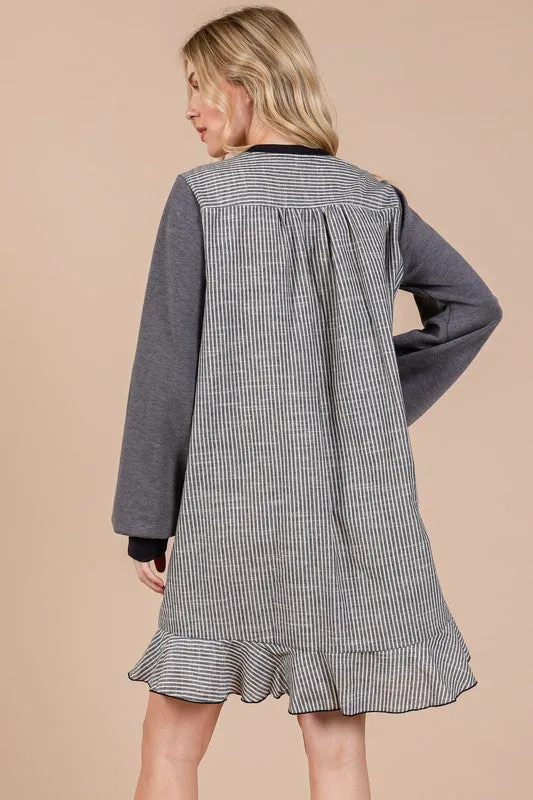 Charcoal Grey Striped Patchwork Round Neck Terry Sweatshirt Dress