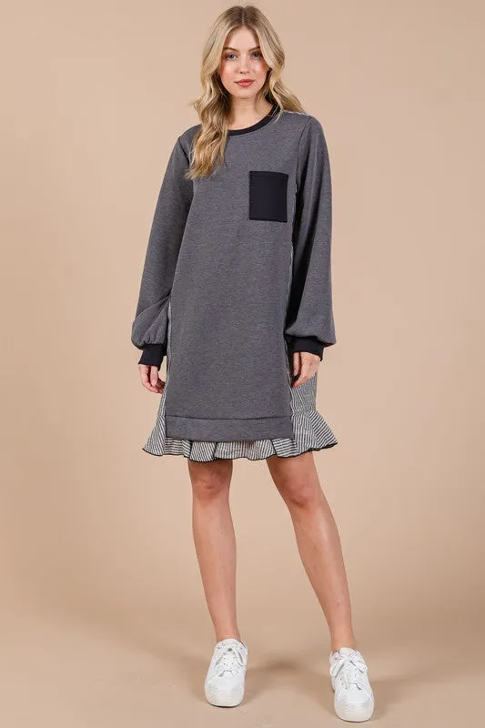 Charcoal Grey Striped Patchwork Round Neck Terry Sweatshirt Dress