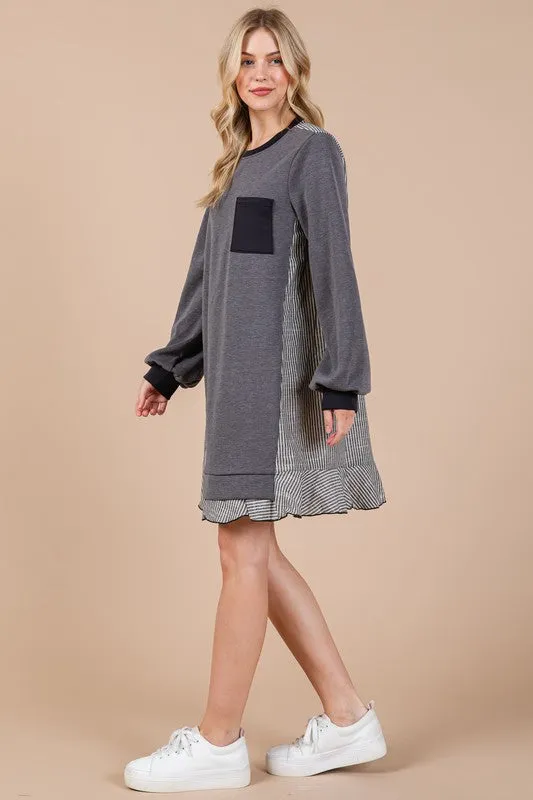 Charcoal Grey Striped Patchwork Round Neck Terry Sweatshirt Dress