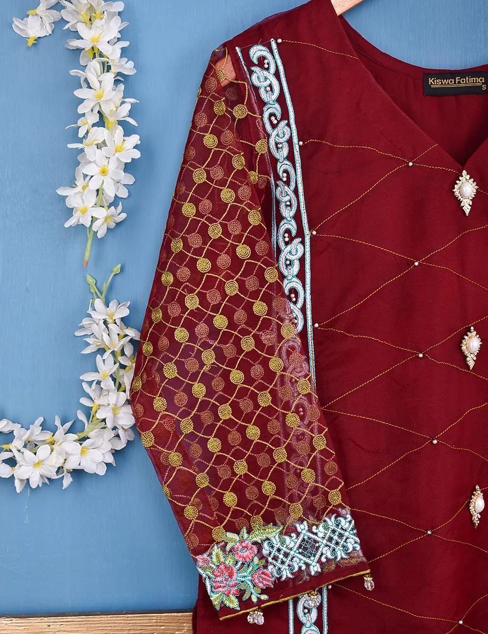 Chiffon Embroidered Stitched Kurti - Regalia Delight (TIE-17-Maroon)