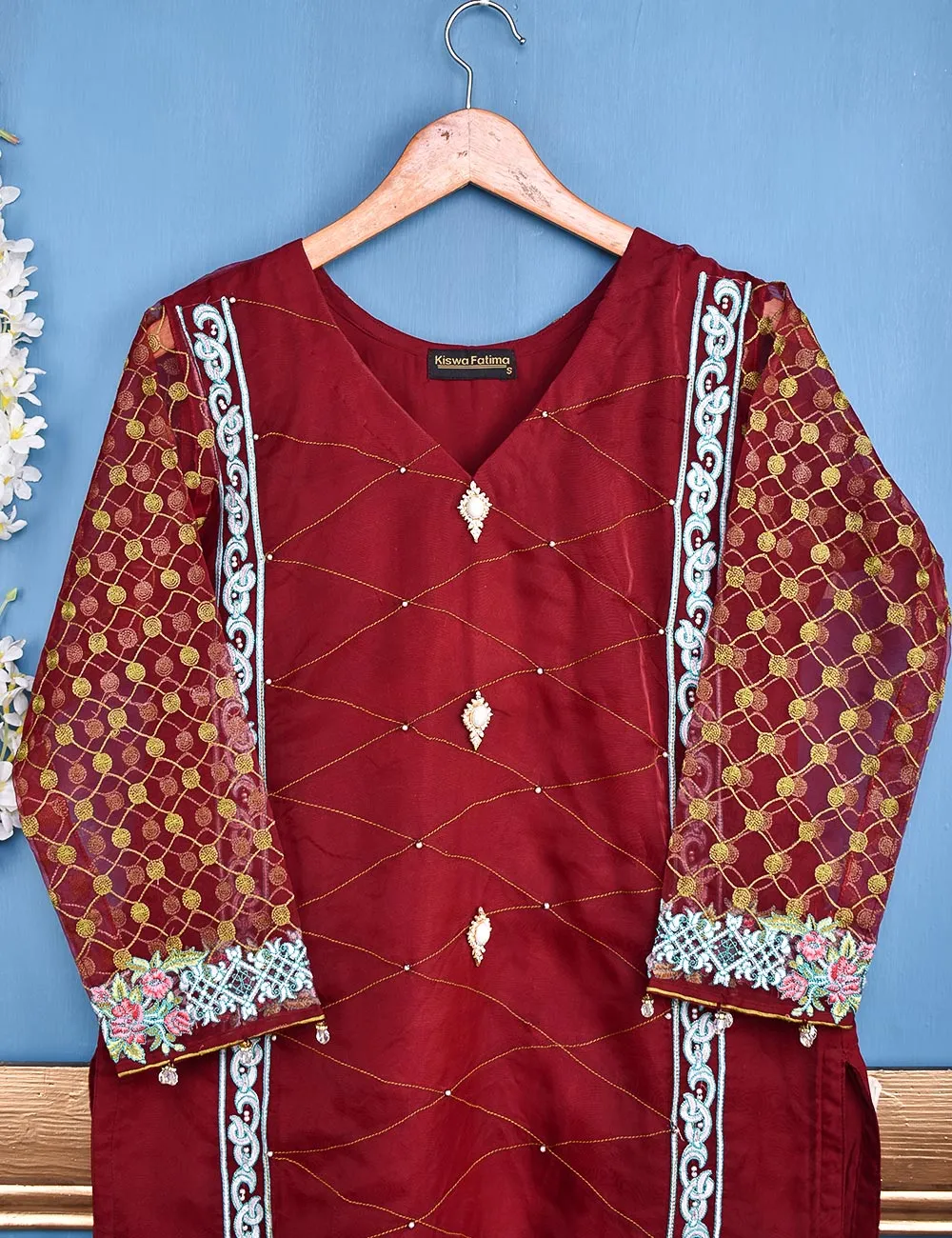 Chiffon Embroidered Stitched Kurti - Regalia Delight (TIE-17-Maroon)