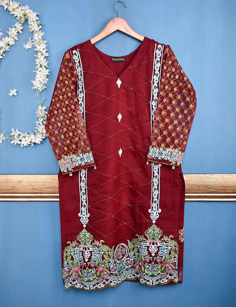 Chiffon Embroidered Stitched Kurti - Regalia Delight (TIE-17-Maroon)