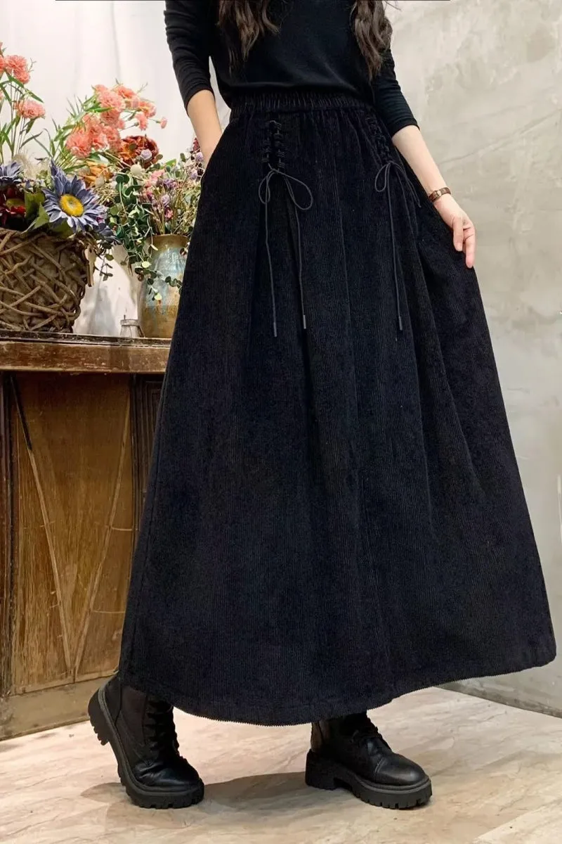 Chouyatou Women's Corduroy Maxi Skirt Elastic High Waist Drawstring Tie Front A-Line Pleated Long Skirt with Pockets
